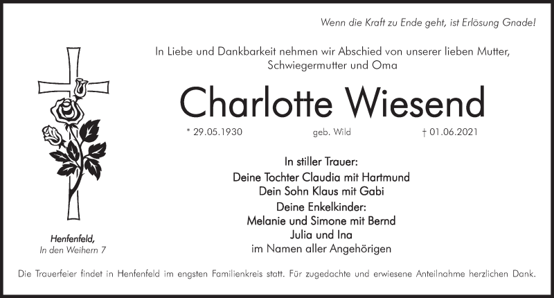  Traueranzeige für Charlotte Wiesend vom 05.06.2021 aus Hersbrucker Zeitung