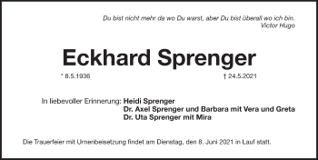 Traueranzeige von Eckhard Sprenger von Pegnitz-Zeitung