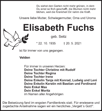 Traueranzeige von Elisabeth Fuchs von Hersbrucker Zeitung