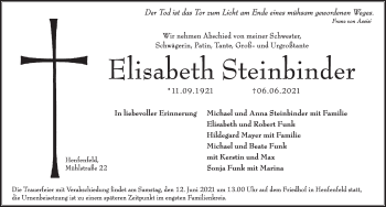 Traueranzeige von Elisabeth Steinbinder von Hersbrucker Zeitung