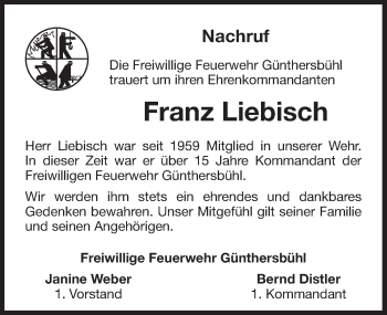 Traueranzeige von Franz Liebisch von Pegnitz-Zeitung