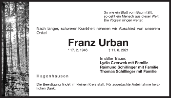 Traueranzeige von Franz Urban von Der Bote