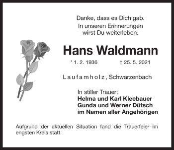 Traueranzeige von Hans Waldmann von Der Bote