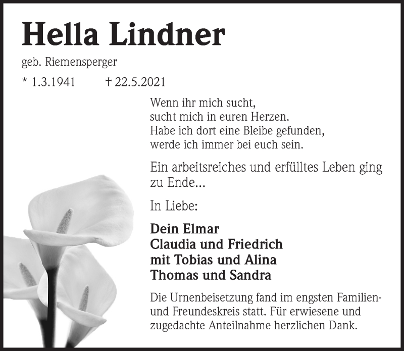  Traueranzeige für Hella Lindner vom 12.06.2021 aus Pegnitz-Zeitung