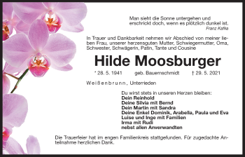 Traueranzeige von Hilde Moosburger von Der Bote
