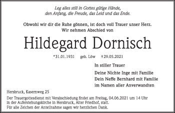 Traueranzeige von Hildegard Dornisch von Hersbrucker Zeitung