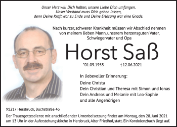 Traueranzeige von Horst Saß von Hersbrucker Zeitung