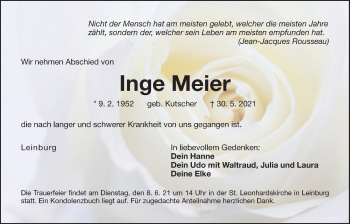Traueranzeige von Inge Meier von Der Bote