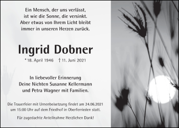 Traueranzeige von Ingrid Dobner von Der Bote