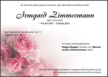 Traueranzeige von Irmgard Zimmermann von Hersbrucker Zeitung