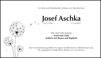 Traueranzeige von Josef Aschka von Pegnitz-Zeitung