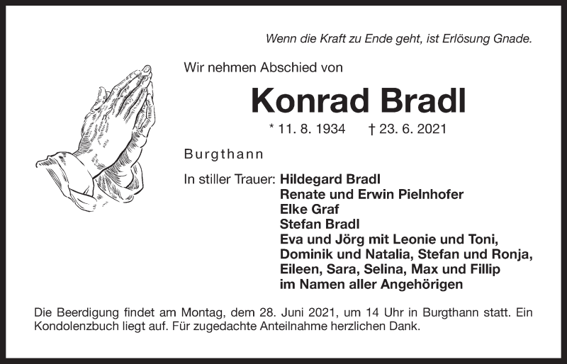  Traueranzeige für Konrad Bradl vom 26.06.2021 aus Der Bote