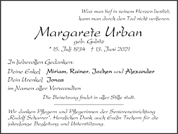 Traueranzeige von Margarete Urban von Der Bote