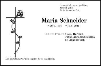 Traueranzeige von Maria Schneider von Der Bote