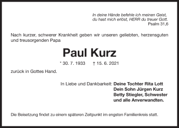 Traueranzeige von Paul Kurz von Pegnitz-Zeitung
