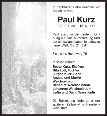 Traueranzeige von Paul Kurz von Der Bote