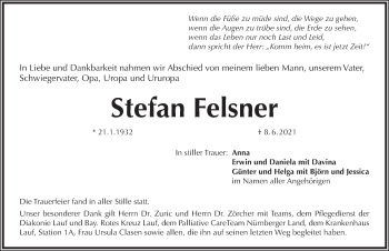 Traueranzeige von Stefan Felsner von Pegnitz-Zeitung