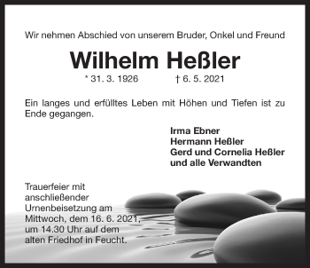 Traueranzeige von Wilhelm Heßler von Der Bote