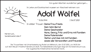 Traueranzeige von Adolf Wölfel von Hersbrucker Zeitung