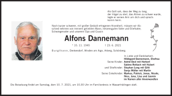 Traueranzeige von Alfons Dannemann von Der Bote