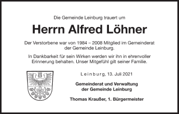 Traueranzeige von Alfred Löhner von Der Bote
