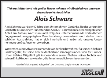 Traueranzeige von Alois Schwarz von Pegnitz-Zeitung