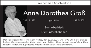 Traueranzeige von Anna Dorothea Groß von Der Bote
