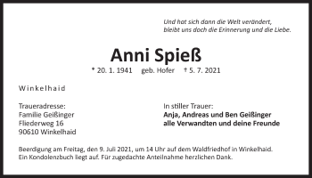 Traueranzeige von Anni Spieß von Der Bote