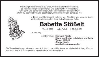 Traueranzeige von Babette Stößelt von Pegnitz-Zeitung
