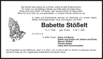 Traueranzeige von Babette Stößelt von Der Bote