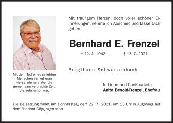 Traueranzeige von Bernhard E. Frenzel von Der Bote
