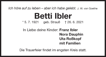 Traueranzeige von Betti Ibler von Der Bote