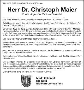 Traueranzeige von Christoph Maier von Pegnitz-Zeitung