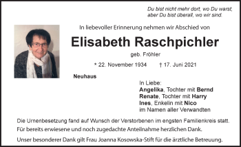 Traueranzeige von Elisabeth Raschpichler von Pegnitz-Zeitung