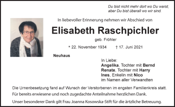 Traueranzeige von Elisabeth Raschpichler von Hersbrucker Zeitung