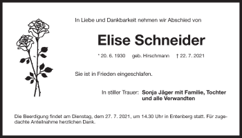Traueranzeige von Elise Schneider von Der Bote