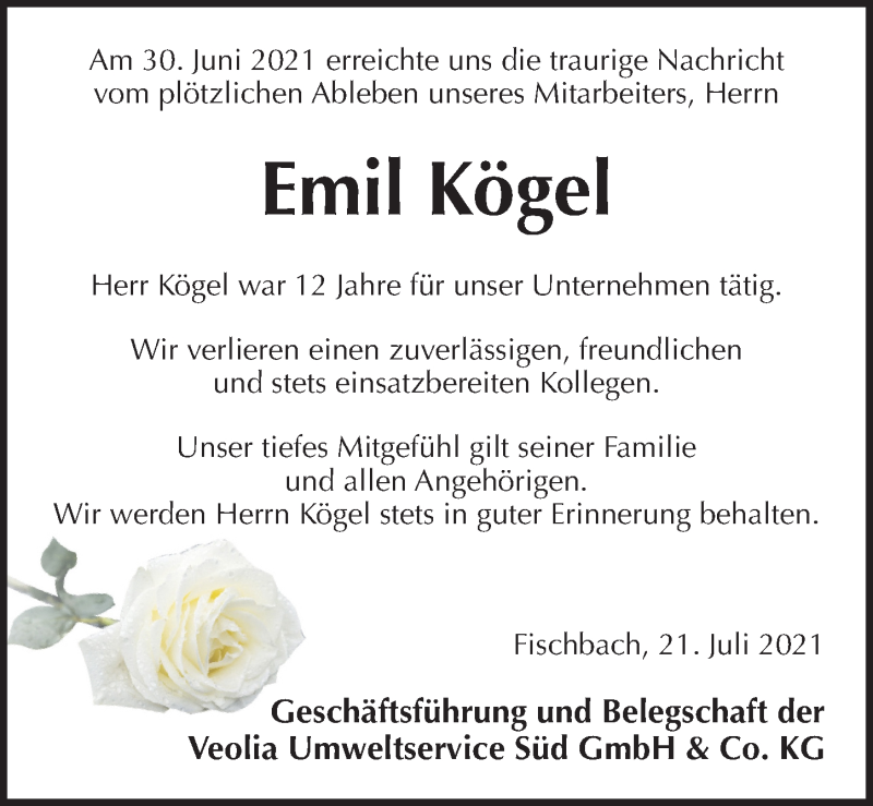  Traueranzeige für Emil Kögel vom 21.07.2021 aus Pegnitz-Zeitung