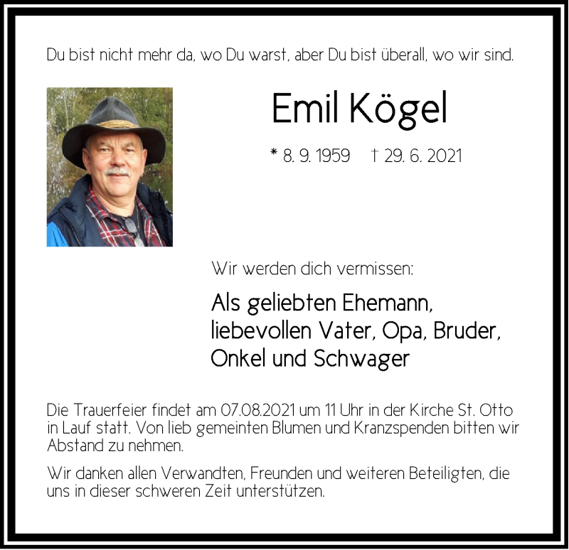 Traueranzeige für Emil Kögel vom 17.07.2021 aus Pegnitz-Zeitung