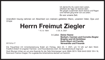 Traueranzeige von Freimut Ziegler von Der Bote
