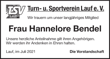 Traueranzeige von Hannelore Bendel von Pegnitz-Zeitung