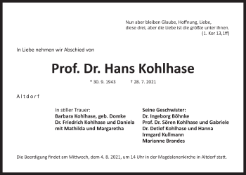 Traueranzeige von Hans Kohlhase von Der Bote