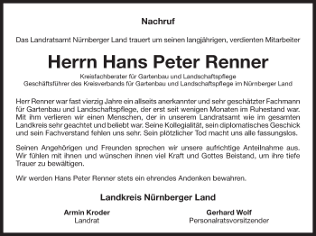 Traueranzeige von Hans Peter Renner von Der Bote