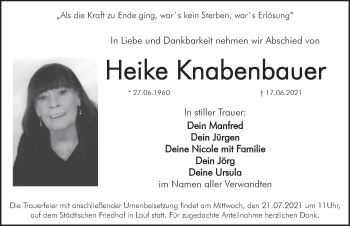 Traueranzeige von Heike Knabenbauer von Pegnitz-Zeitung