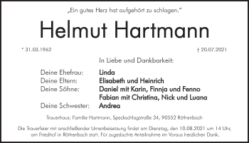 Traueranzeige von Helmut Hartmann von Pegnitz-Zeitung