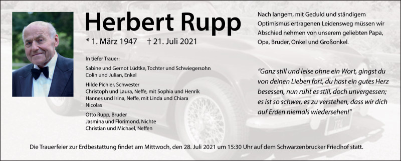  Traueranzeige für Herbert Rupp vom 24.07.2021 aus Der Bote