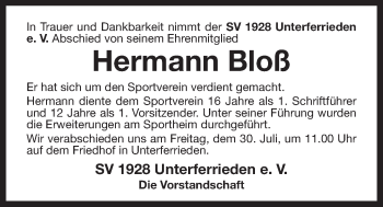 Traueranzeige von Hermann Bloß von Der Bote