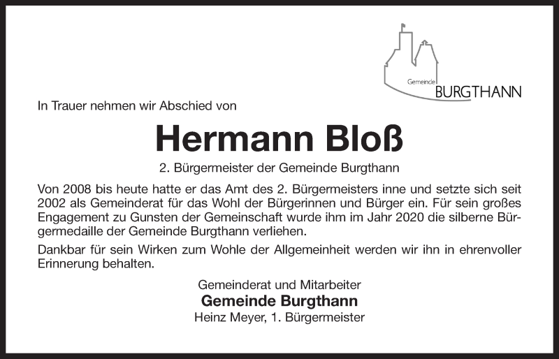  Traueranzeige für Hermann Bloß vom 28.07.2021 aus Der Bote