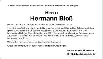 Traueranzeige von Hermann Bloß von Der Bote