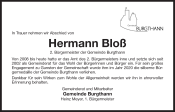 Traueranzeige von Hermann Bloß von Der Bote