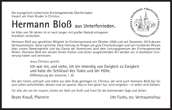 Traueranzeige von Hermann Bloß von Der Bote